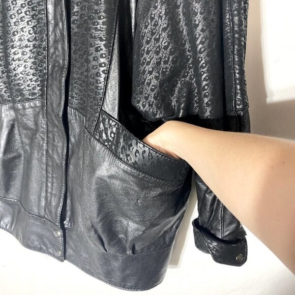 Vintage Oscar Leopold Black Animal Print Oversized 90s Leather Jacket L - Picture 9 of 15